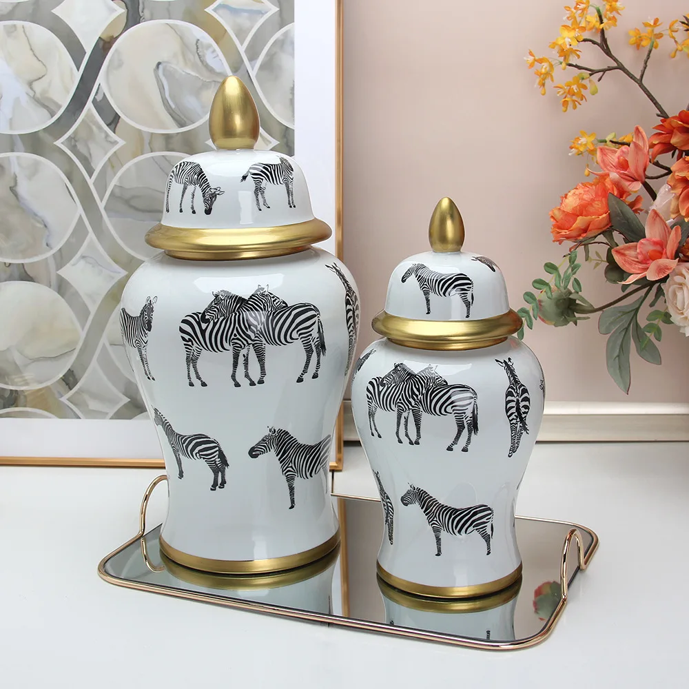 

Decorative Ceramic Ginger Jar with Lid Zebra Animal Crafts Vase Modern Flower Arrangement Accessories Living Room Storage Jar