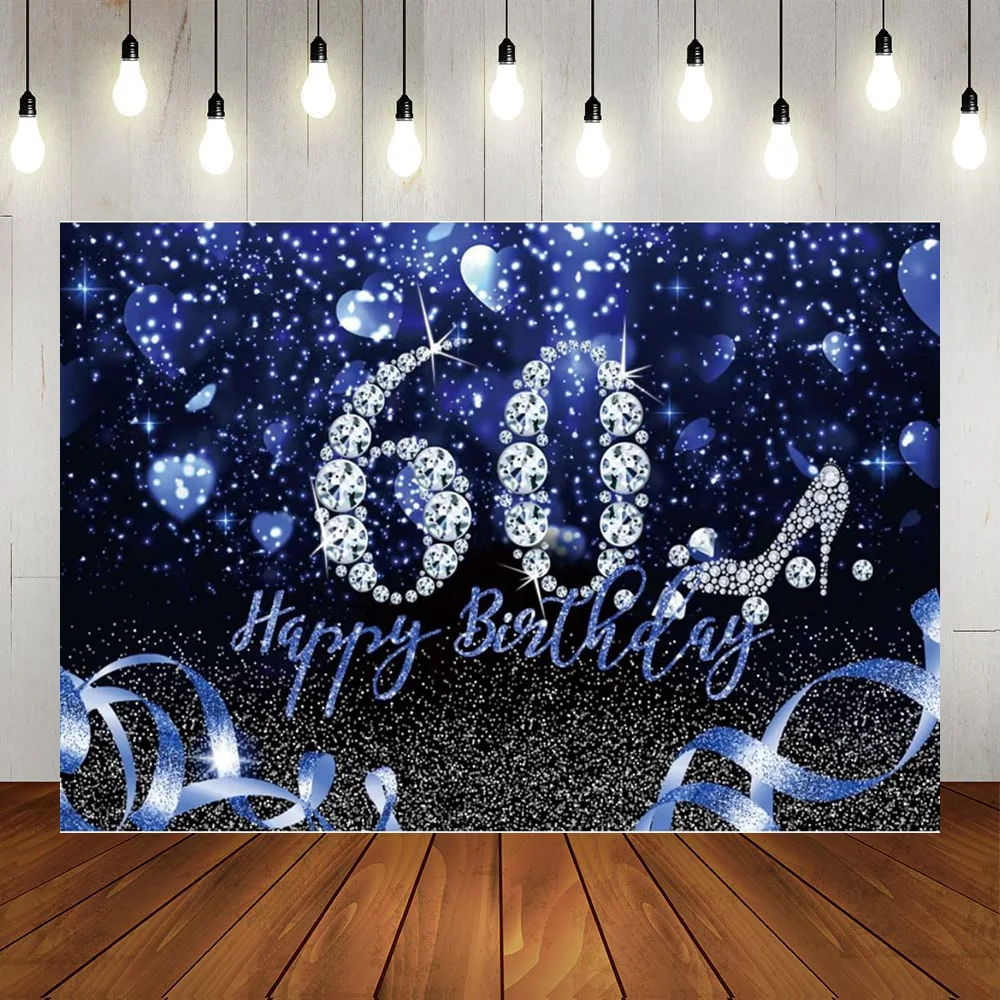 

Happy 60th Birthday Party Backdrop Men Women Blue Black Silver Balloon Photography Background Year Anniversary Poster Decoration