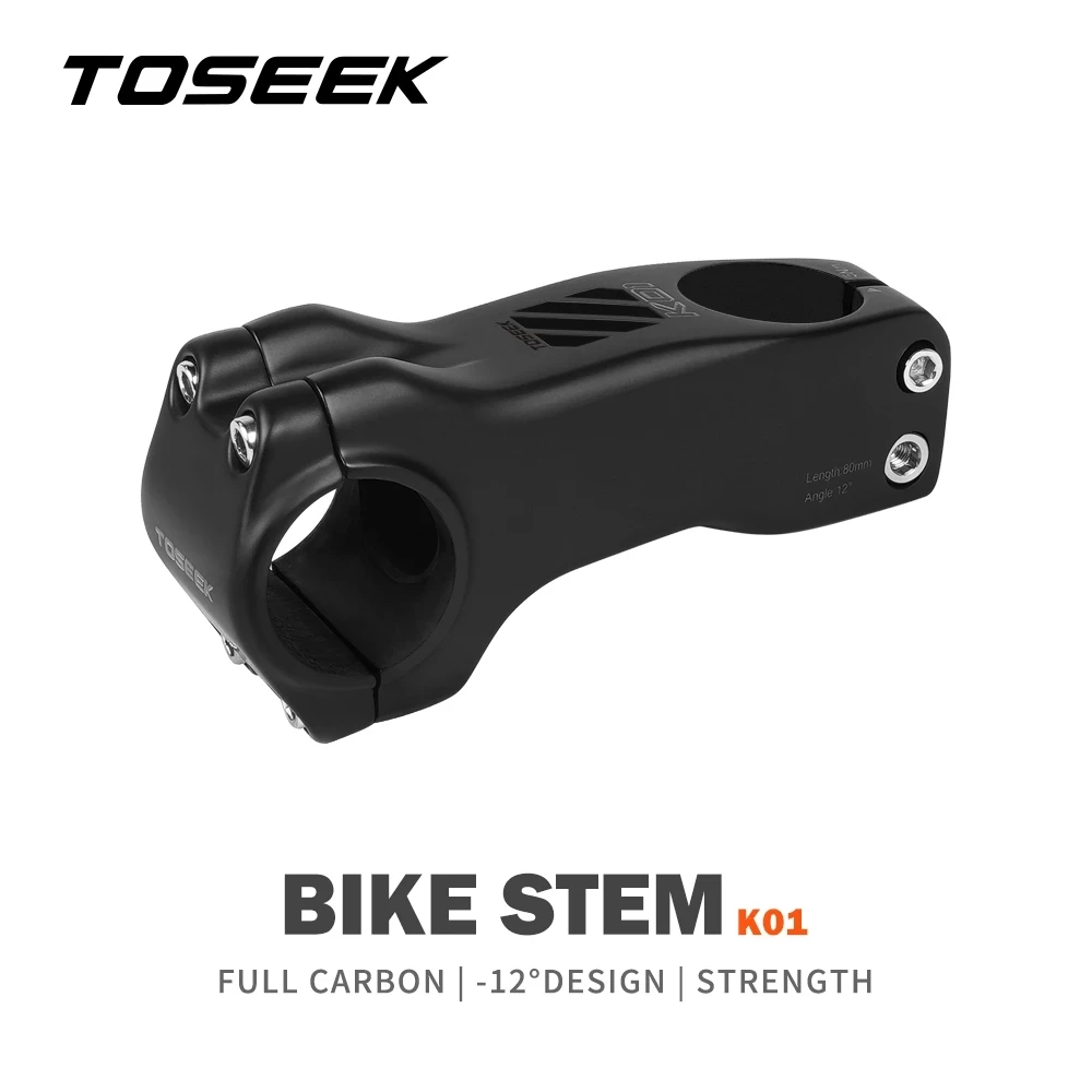 TOSEEK Bicycle Handlebar Carbon Stem -12 Degree MTB/Road Bike 28.6mm Handlebar Stems 70/80/90/100/110/120mm Black Matt Parts
