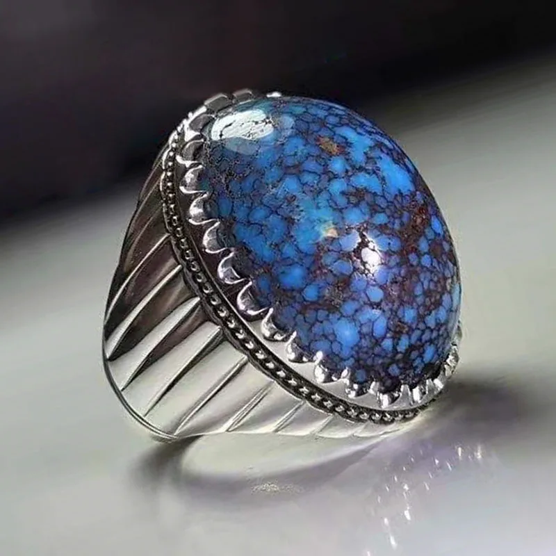 

Hot Sale Men's Oval Texture Blue Natural Stone Finger Ring Silver Color Geometric Ring for Male Party Jewelry Size 6-13
