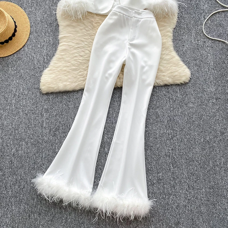 Женский комплект из двух предметов с перьями для офисной работы меховой пиджак