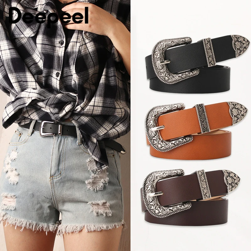 Deepeel 2.8*105cm Ladies Belt Vintage Fashion Embossed Buckle Decorative Belts Female Youth Jeans Pin  Waistband for Woman