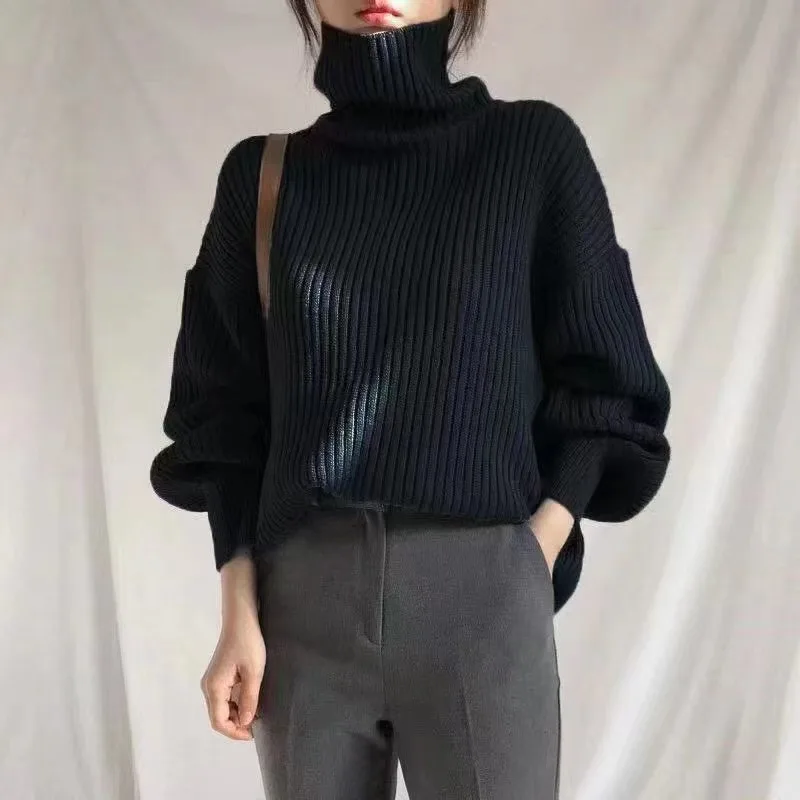 

2023 New Solid Color Turtleneck Sweater Women's Korean-Style Loose Chic Knitted Bottoming Shirt Cross-Border Lazy Style Top