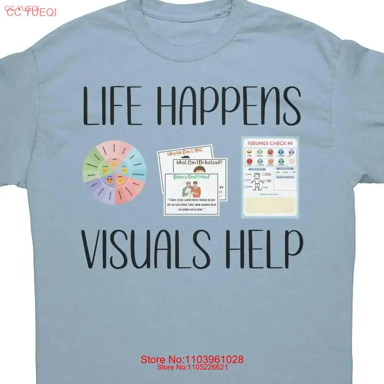Фото Футболка LIFE Happens VISUALS HELP Neurodiversity для школьных психологов, посвященная принятию аутизма (BCBA), винтажная, с эффектом потертости, универсальная №1