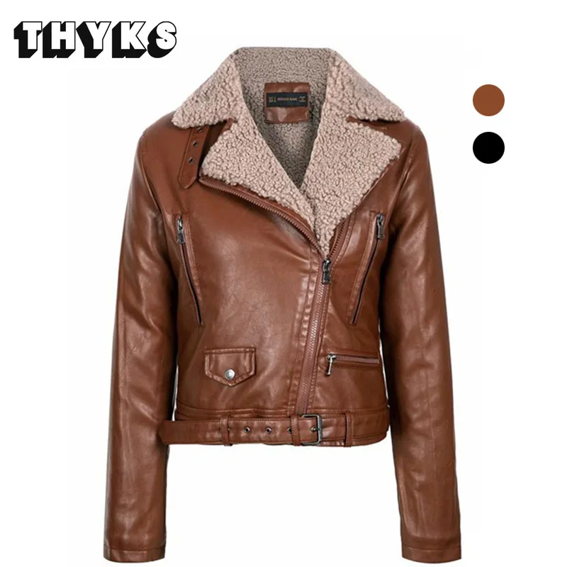 

Women's Winter Coats PU Leather Fur Lamb Fleece Short Jackets Ladies Moto Biker Zipper Jacket Faux Sheepskin Retro Thick Coat