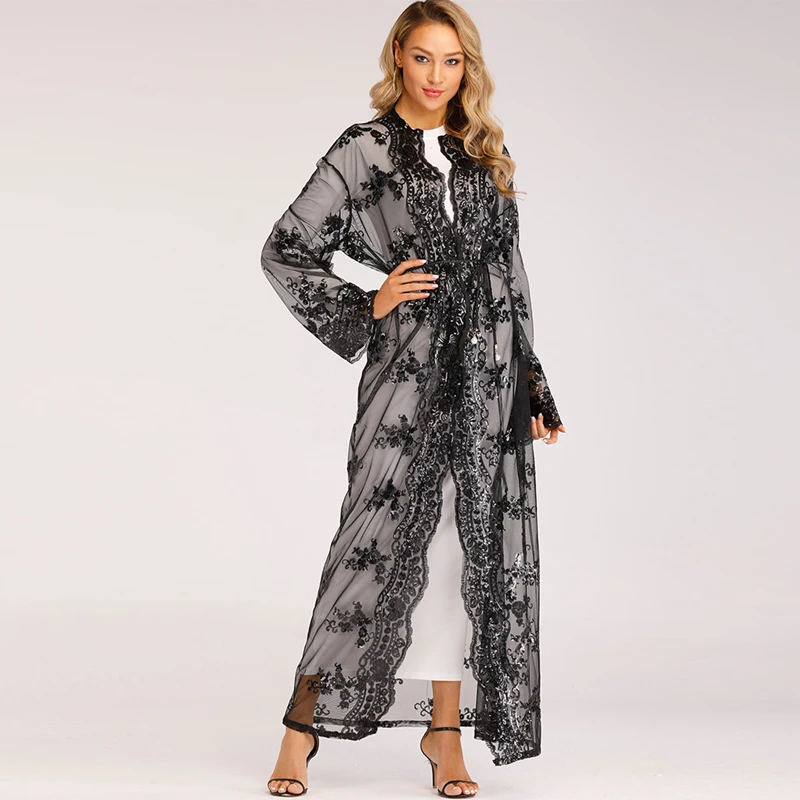 

Plus Size Long Kimono Mujer 2020 Sexy Dubai Abaya Muslim Women Embroidery Chiffon Mesh Cardigan Blouse Roupas Feminina Clothes
