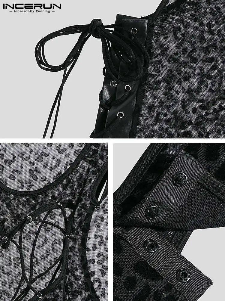 INCERUN Comfortable Loungewear New Men Rompers Breathable Mesh Hollow Jumpsuit Casual Male Drawstring Sleeveless Bodysuits S-5XL