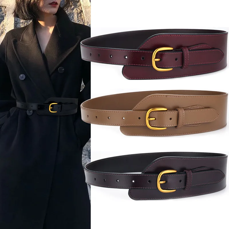 Korean Version of Women's Genuine Leather Belt Decoration Dress with Wide Belt and Shirt Dress with A Retro Waist Closure
