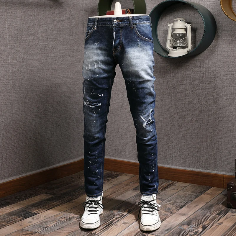 High Street Fashion Men Jeans Retro Blue Elastic Slim Fit Ripped Jeans Men Buttons Trousers Vintage Designer Brand Pants Hombre