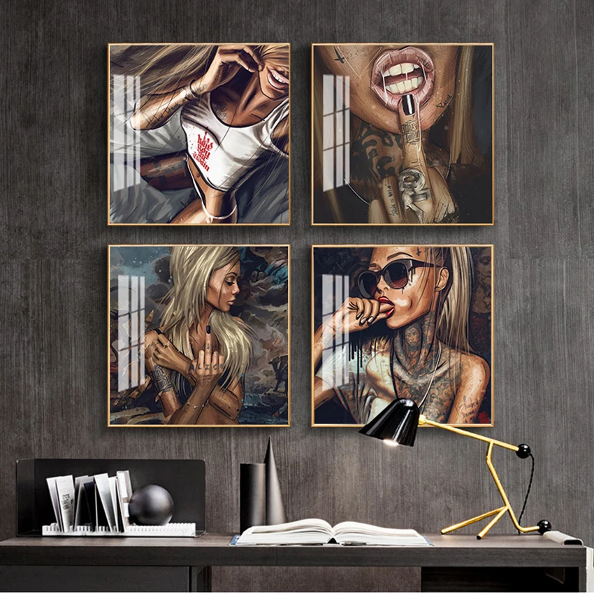 

Abstract Cool Tattoo Girl Pictures Sexy Women Graffiti Street Art Portrait Posters Canvas Painting For Living Room