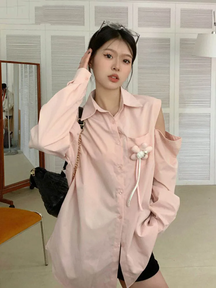 

Sweet Fairy Long Sleeve Blusas Elegantes De Mujer Tender Chic Y2k Pocket Flower Blouse All Match Loose Hollow Out Women Shirts