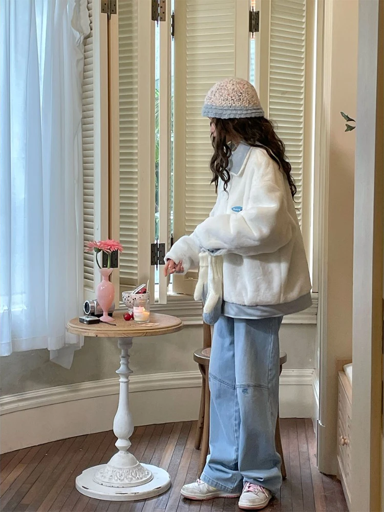 HOUZHOU Kawaii Blue Jeans Women Baggy Casual High Waist Cute Star Embroidery Jeans Wide Leg Denim Trousers Japanese Preppy Style