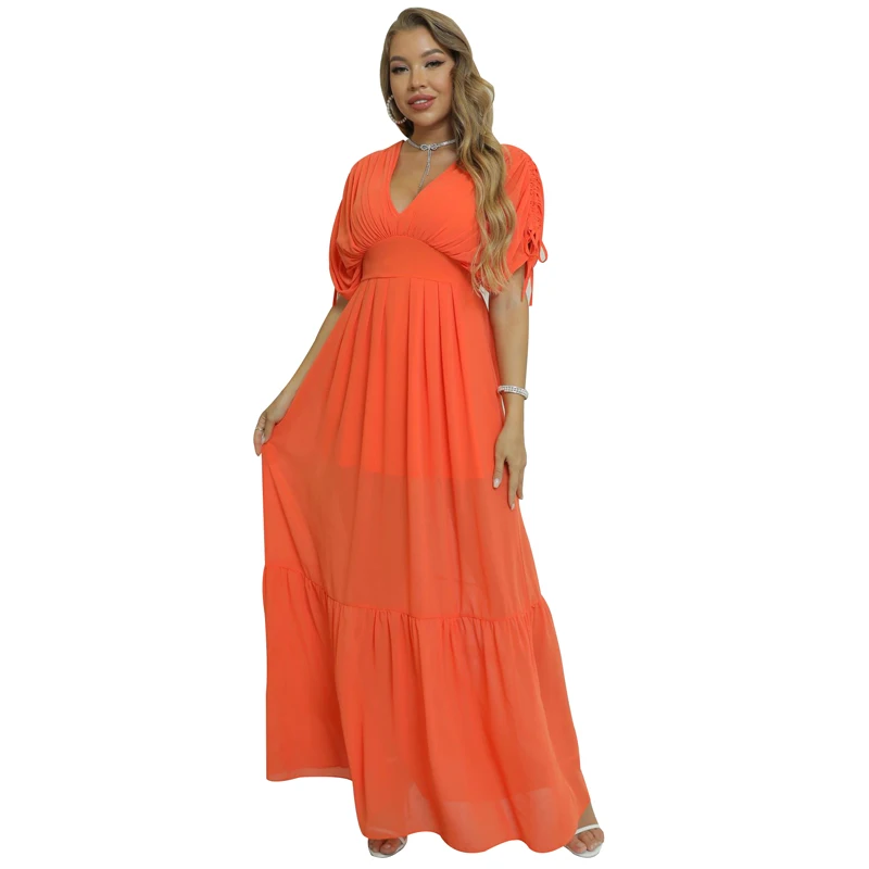 

V Neck Maxi Dress Women Puff Sleeve High Waist Corset Robes Summer New Ruffle Patchwork Elegant Streetwear Party Long Dress 2022