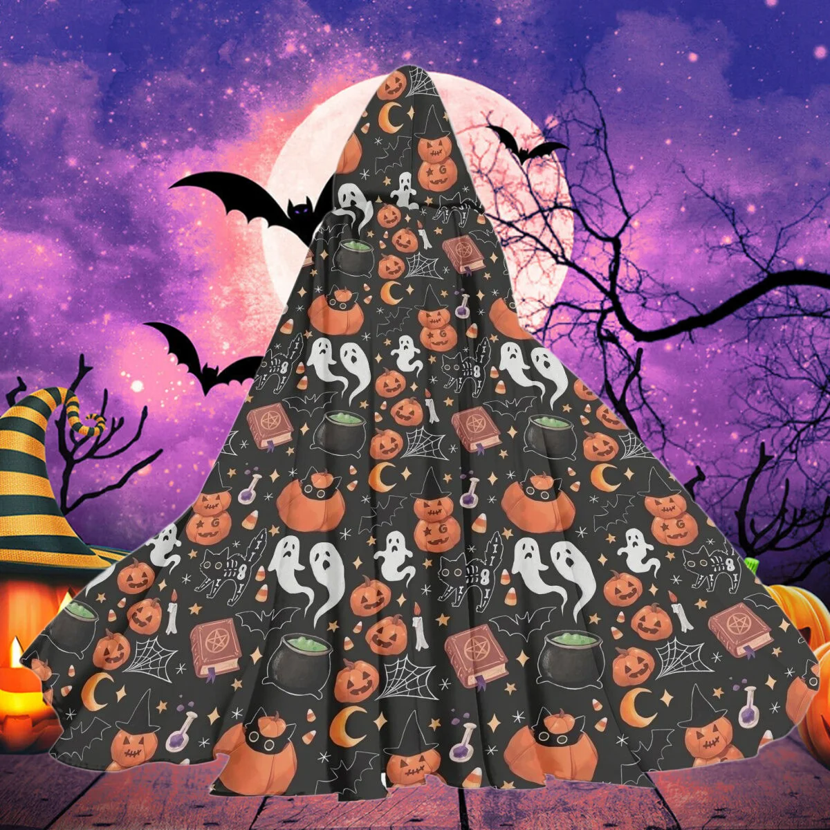 

Halloween Cosplay Hooded Cloak Costume Ghost Pumpkin Cobweb Black Cat Printed Girls Boys Soft Cape Winter Warm Overcoat Poncho