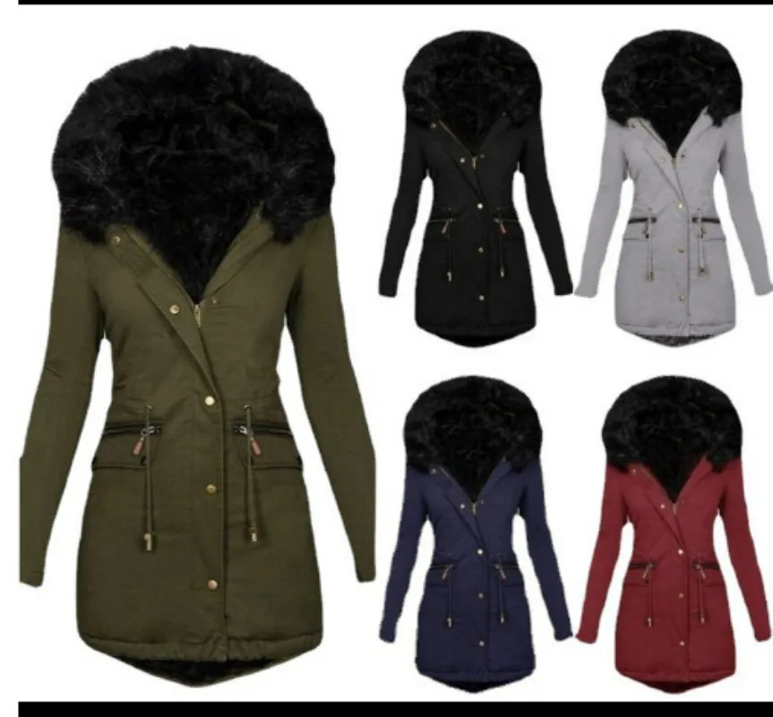 

Женская приталенная однотонная шерстяная куртка, пальто с воротником и капюшоном, средней длины, теплое хлопковое пальто на молнии для женщин, новинка 2023