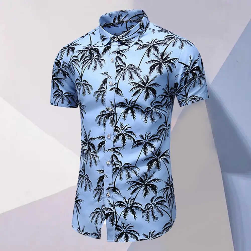 

Classic Men Shirt Single Breasted Quick Drying Hawaiian Shirt Coconut Tree Pattern Summer Male Shirt