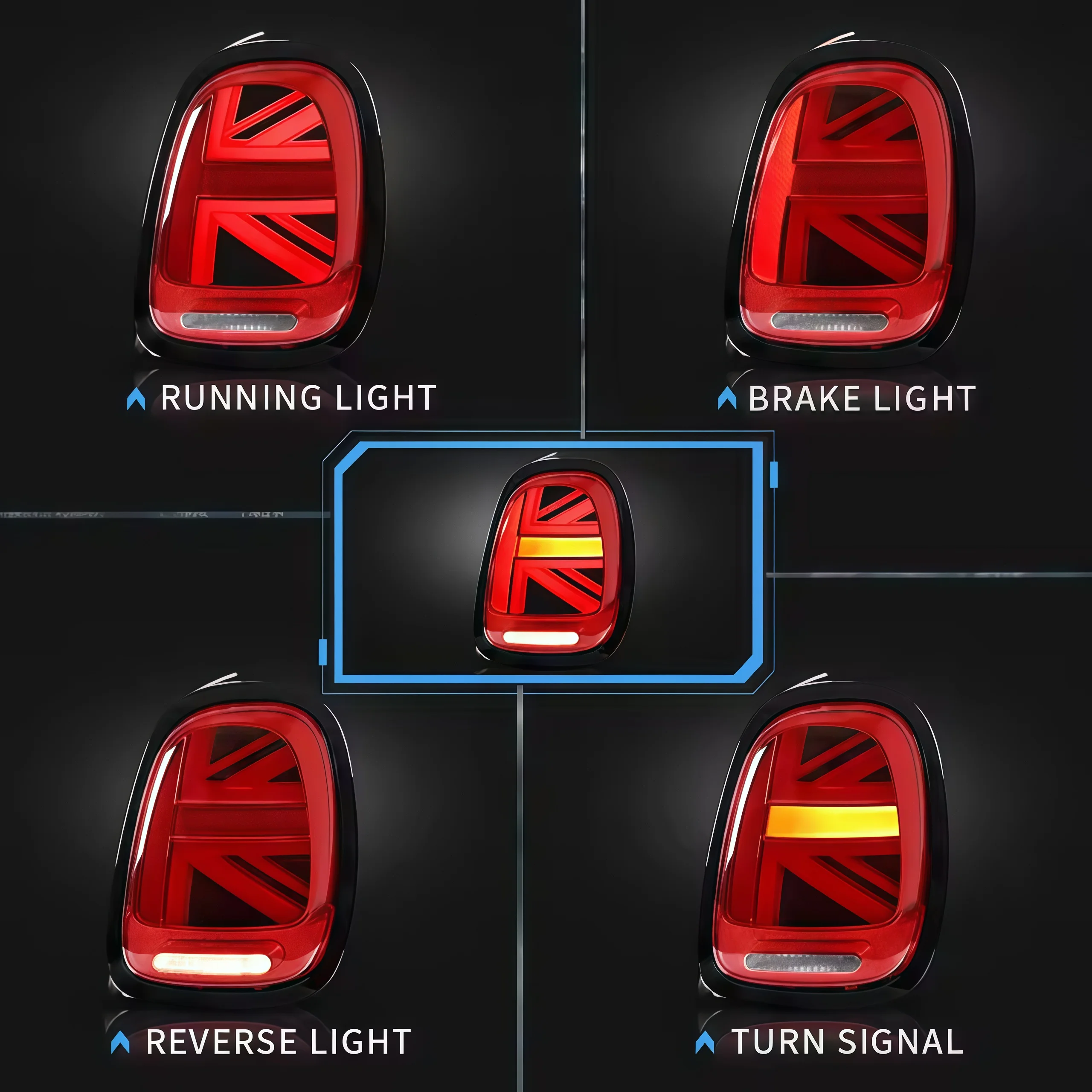 Фото Задние фонари для Mini Cooper F55 F56 F57 2014-2019 годов выпуска, дизайн UNION JACK LCI, красные линзы, с анимацией №4