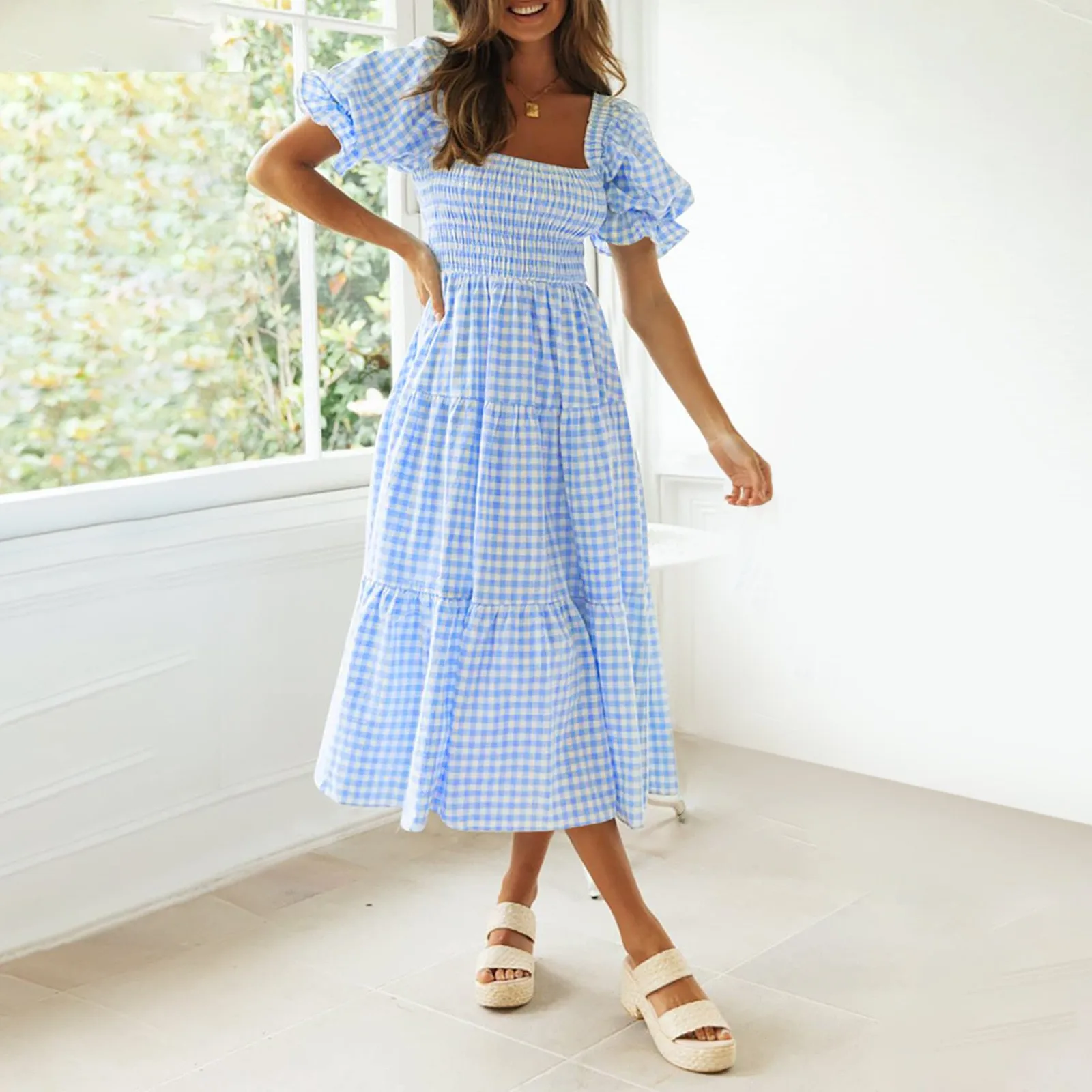 

Plaid Printed Dresses For Women 2022 Bohemian Summer Puff Sleeve Ruffle Flowy Beach Dress Sundress Vestidos De Mujer Women Dress