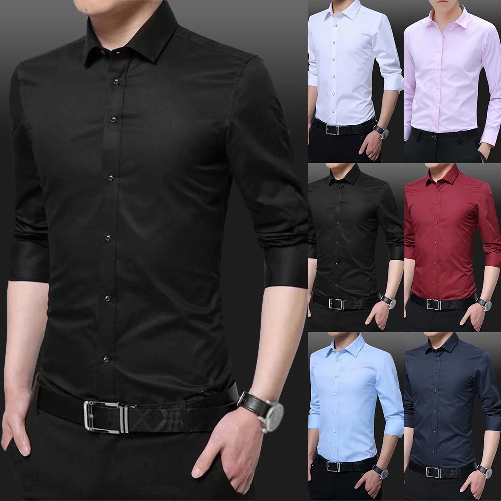 

Men Casual Fashion Slim Fit Long Sleeve Casual Business Formal Dress Tops Shirts Social Shirt Turn-neck Work Blouse Man Clothes