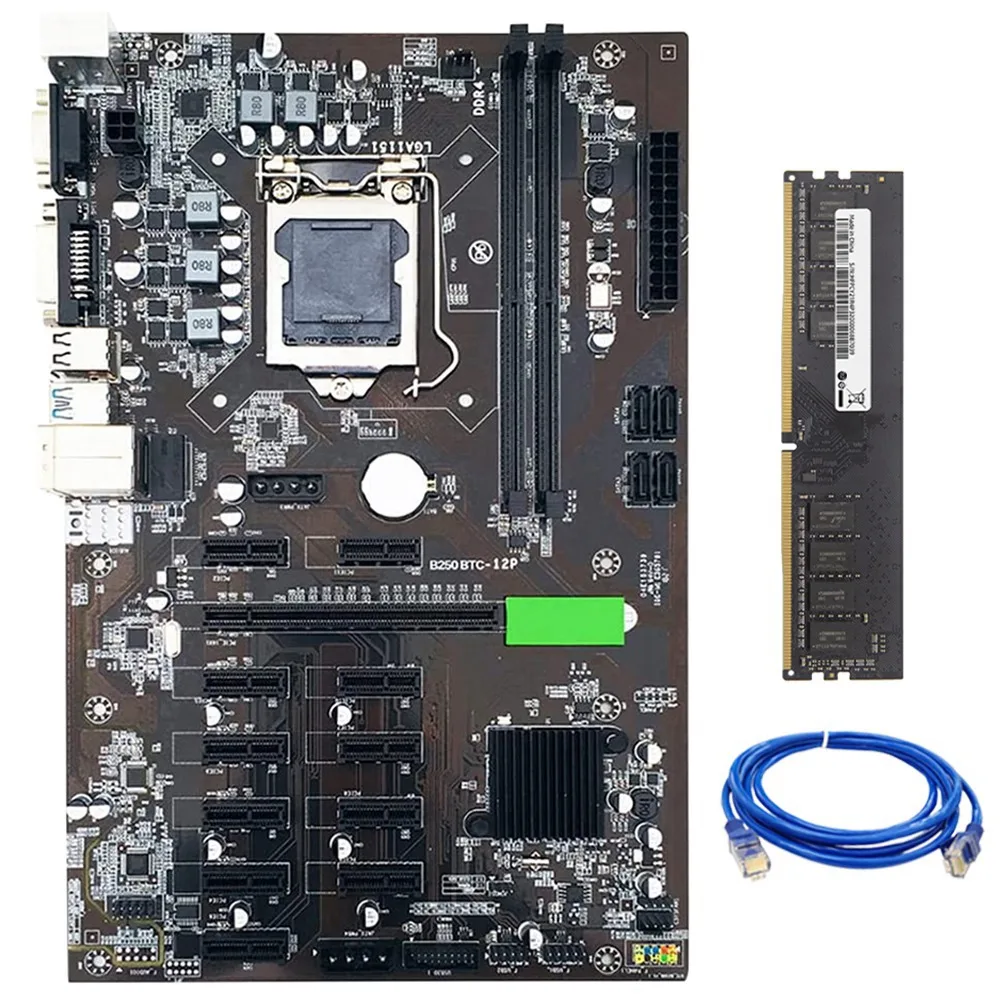 

Материнская плата B250 для майнинга, LGA 115112XGraphics Card со слотом SATA3.0 USB3.0 с DDR4 8 Гб 2133 МГц ОЗУ + сетевой кабель RJ45