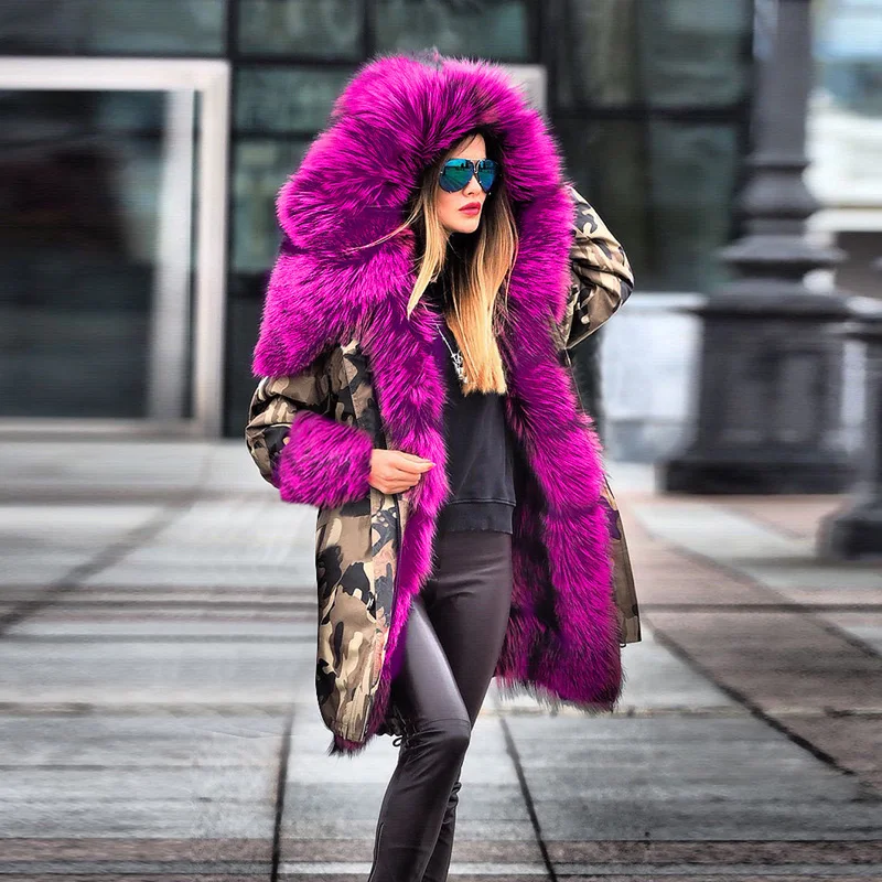 Women Faux Mink Fur Collar Arctic Fleece Parkas Long Camouflage Jackets Clothing Winter Coats Female Casual Hooded Coat Overcoat