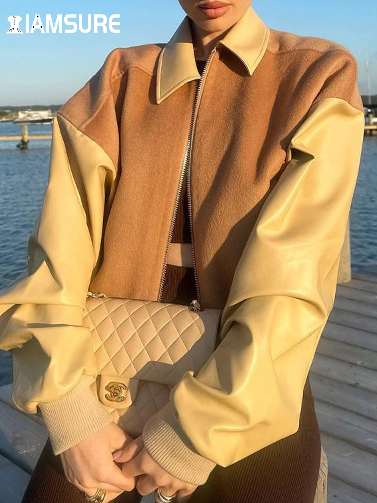 

IAMSURE Casual Patchwork Pu Leather Jackets Slim Turn-Down Collar Long Sleeve Coats Women 2023 Autumn Winter Fashion Streetwear