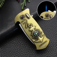 blue flame windproof lighter butane inflatable lighter compass creative birthday gift outdoor survival ignition tool