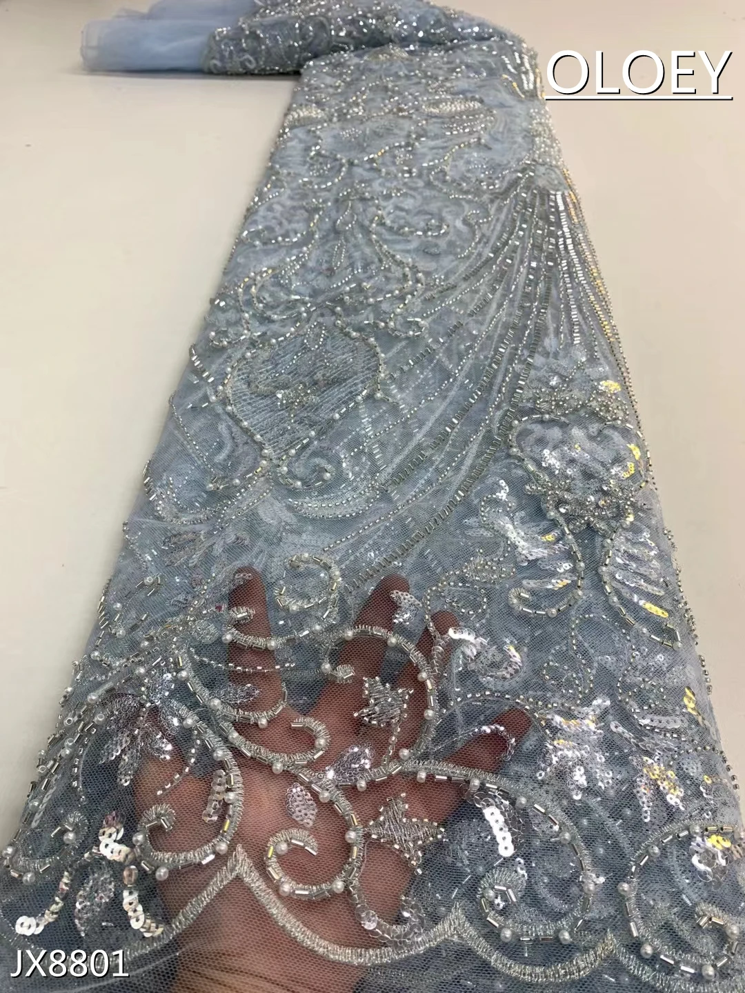

Latest Luxury Elegant 2022 African Embroidery Bead Tube Lace Fabric Nigerian Sequins Lace Fabric For Wedding Party Dress JX8800