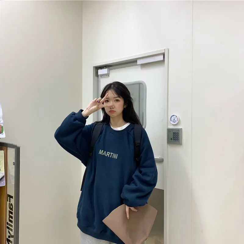 

Loose Solid Color Lazy Style Autumn and Winter New Fashion Trend Round Neck Pullover Long Sleeve Letter Printing Simple Top