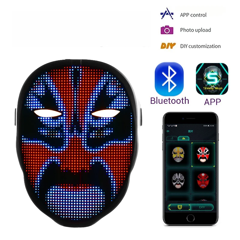 Programmable Luminous LED Mask Bluetooth RGB Light Led Face Transforming Mask DIY Picture for Halloween Costumes Cosplay Party