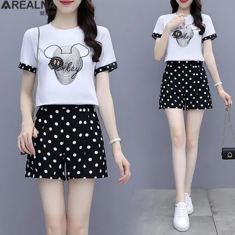

2022 Summer 2 Pieces Set for Women White short sleeve t-shirts and polka dot Shorts Suits Elegant two piece sets womens outifits