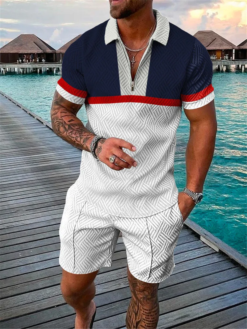 2022 New Men's Zipper Lapel Short Sleeve Suit Casual Sports T-shirt + Shorts Fashion Bodybuilding Stripe 2-piece Suit Men