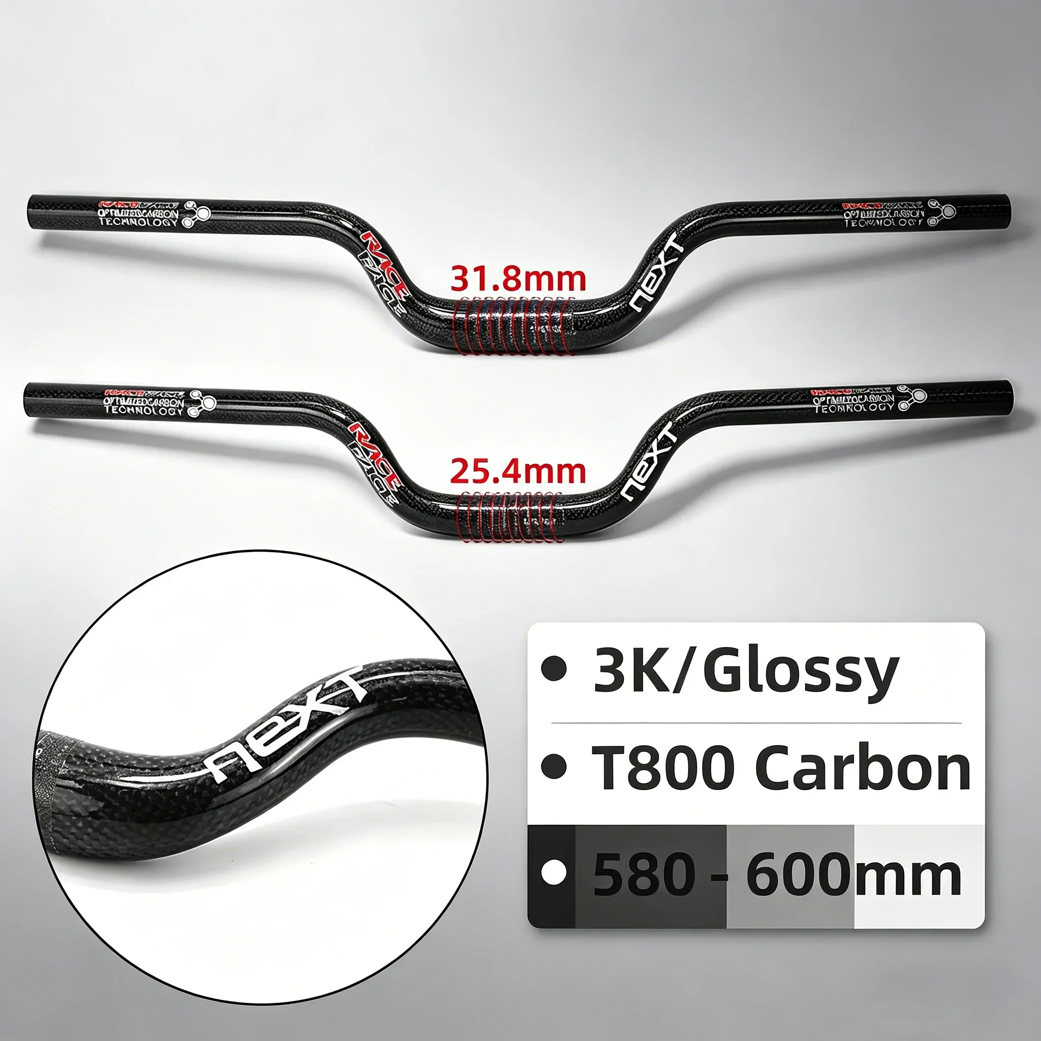Фото Карбоновый руль Carbon Riser для MTB и BMX, глянцевый, NEXT Race Face, диаметр 31,8 мм, 25,4 мм, диаметр от 560 мм до 700 мм №1