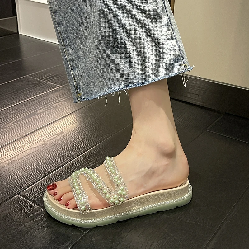 

Platform Sandals for Women Summer New String Bead Open Toe Flat Female Slippers Woman Outdoor Shoes Thick Sole Slides 2022