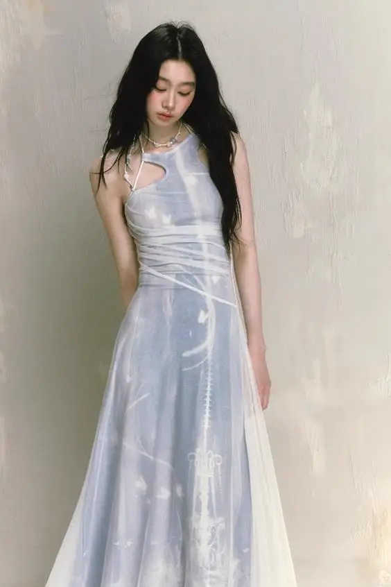 Женское Сетчатое платье с принтом новое вечернее длинное подвесным воротником