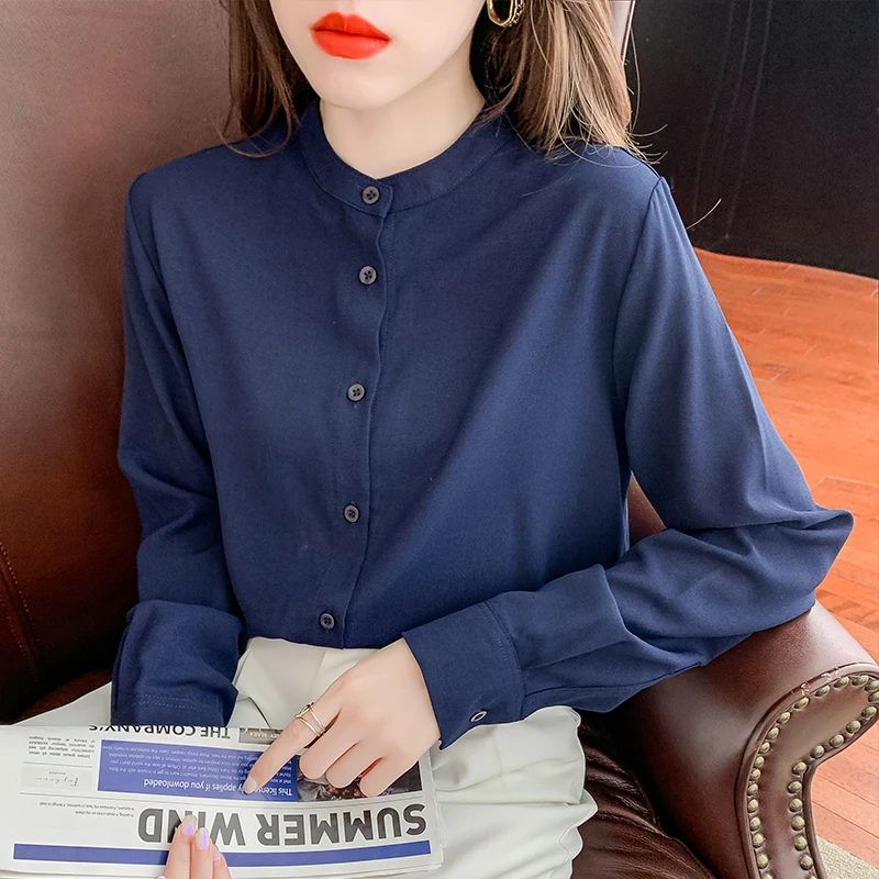 

Chiffon Women's Blouse Casual O-neck Girl's Shirt Spring Solid Long Sleeve Top Fashion Summer Korean Style Female Clothing
