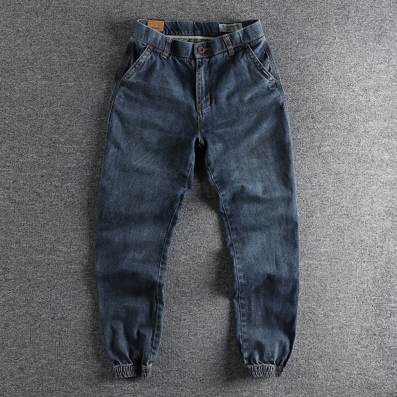 Simple retro motorcycle Feng Shui washed old Jacquard jeans, men's fitted leggings and joker youth long pants.
