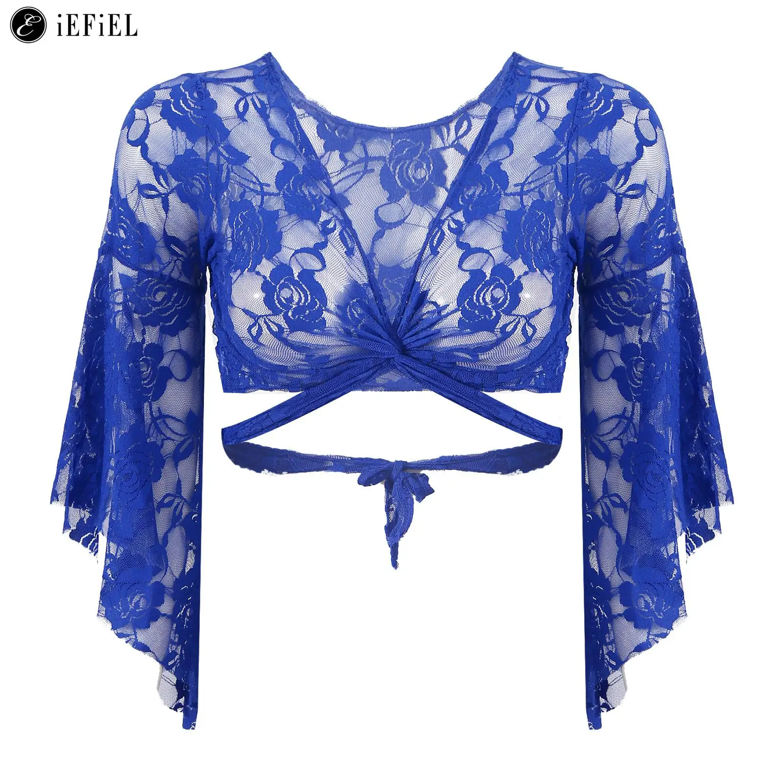 

Womens 3/4 Flare Sleeve Crochet Lace Bandage Crop Tops Gypsy Style Shrugs Bolero Cardigan Belly Dance Stage Performance Costume