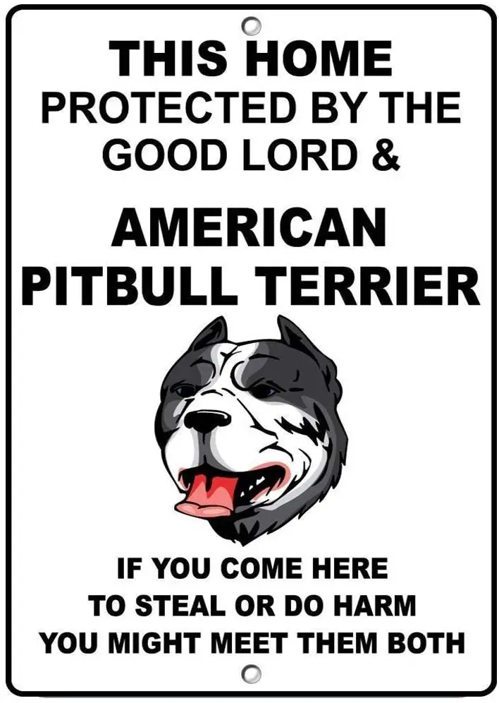 

American Pitbull Terrier Dog Protected by Good Lord Retro Metal Tin Sign Plaque Poster Wall Decor Art Shabby Chic Gift