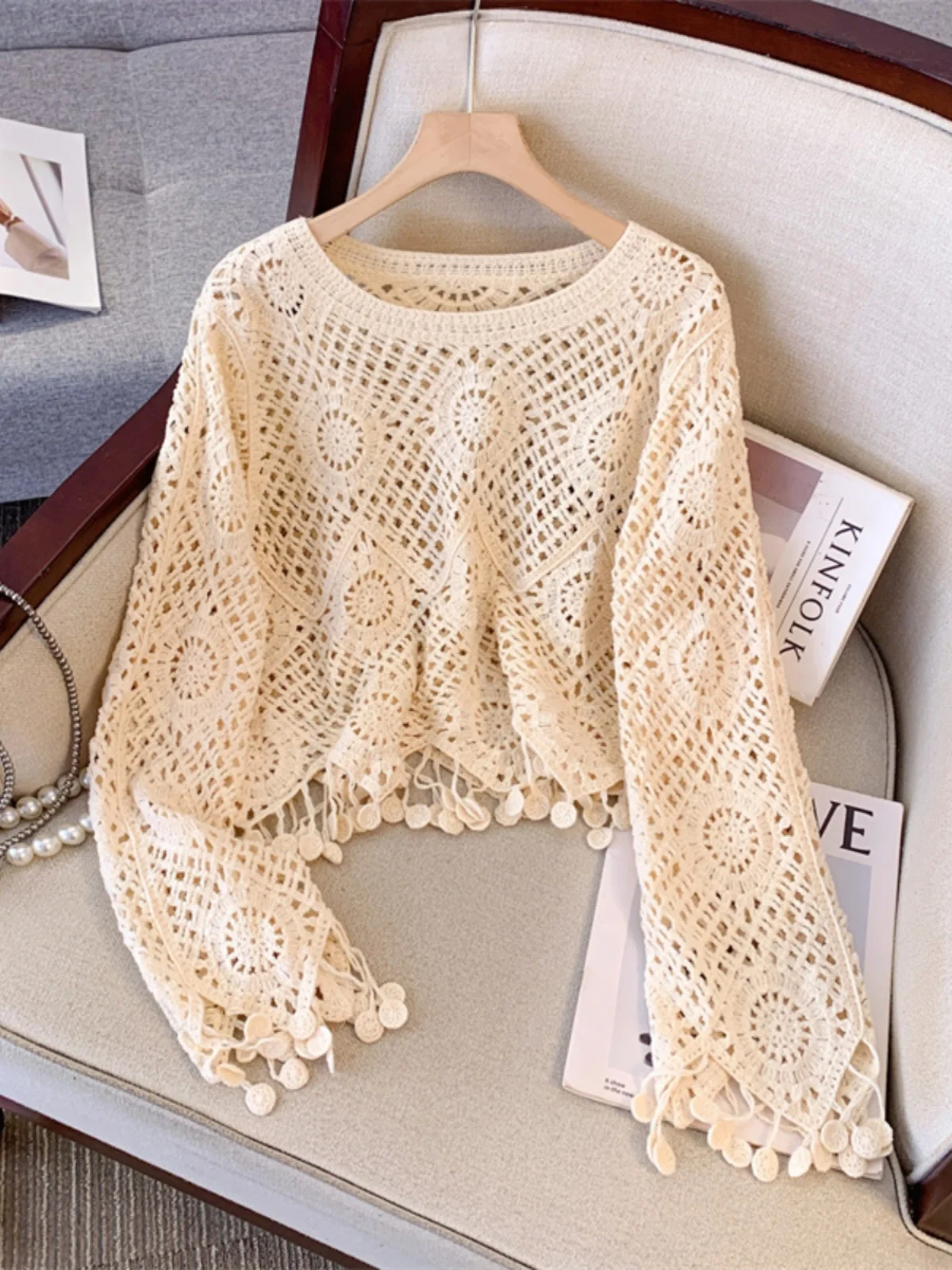 Дизайнерская ажурная вязаная накидка крючком для женщин осень большие размеры