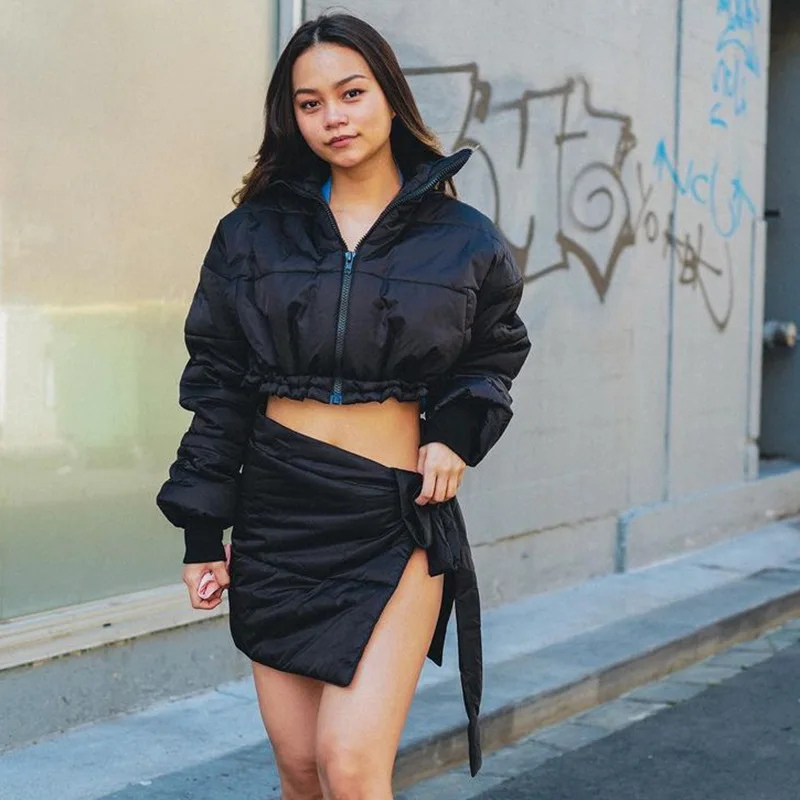 Winter New Net Color Zipper Set Finger Sleeves Standing Collar Tied Short Skirt Cotton Suit Women's Cloting 2022