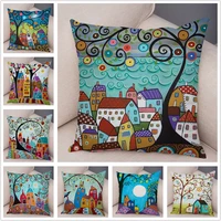 retro rural colorful citiespillowcase cartoon flower house tree pillow covers garden sofa home decor 45x45 50x50 pillowcase
