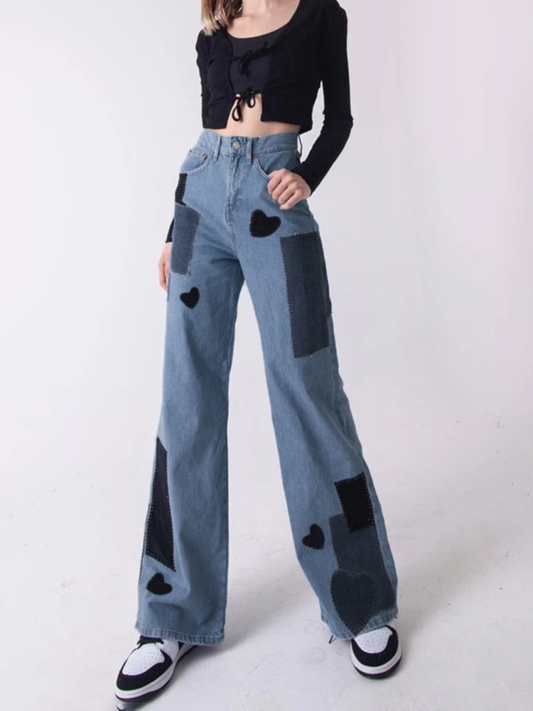 

Waatfaak Vintage Patchwork Wide Leg Jeans Women High Waisted Baggy Mom High Street Cargo Jeans Y2K Harajuku Denim Pants Grunge