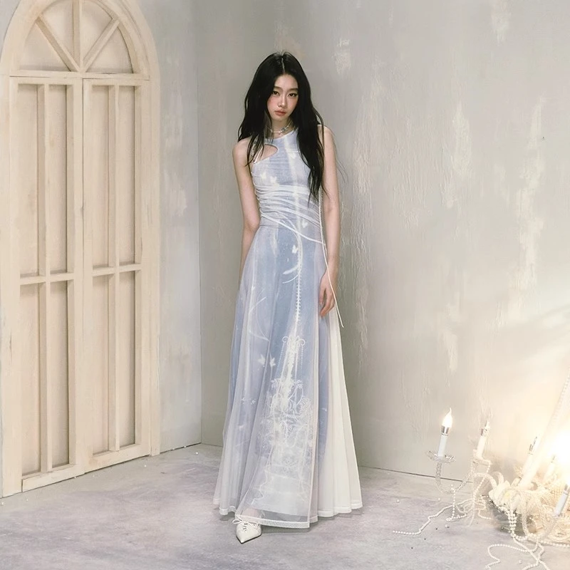 Женское Сетчатое платье с принтом новое вечернее длинное подвесным воротником