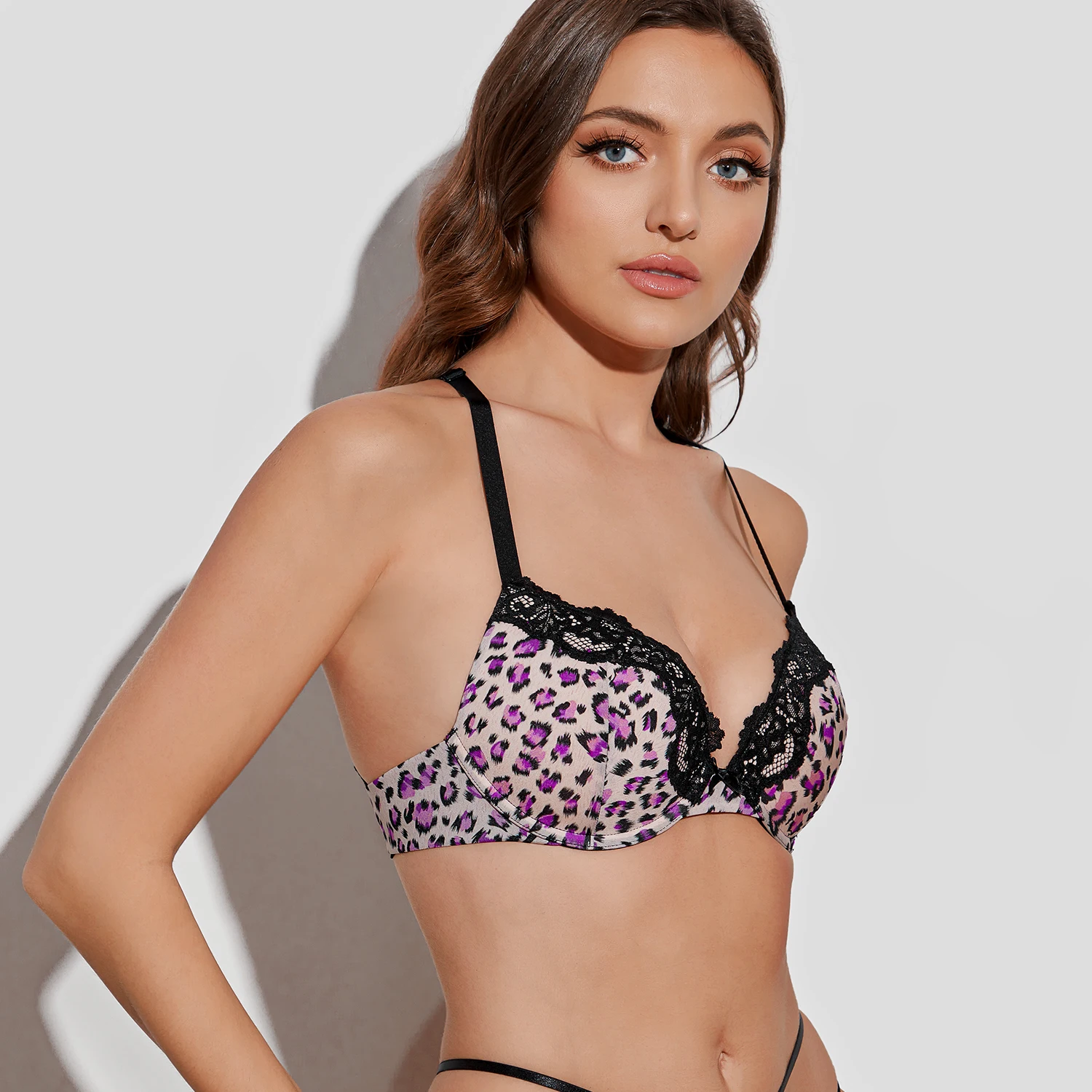 Wingslove Women's Sexy Push Up Bras Underwire Padded Leopard Cross Black Plunge Brallet Plus Size Underwear Cup A B C D DD DDD