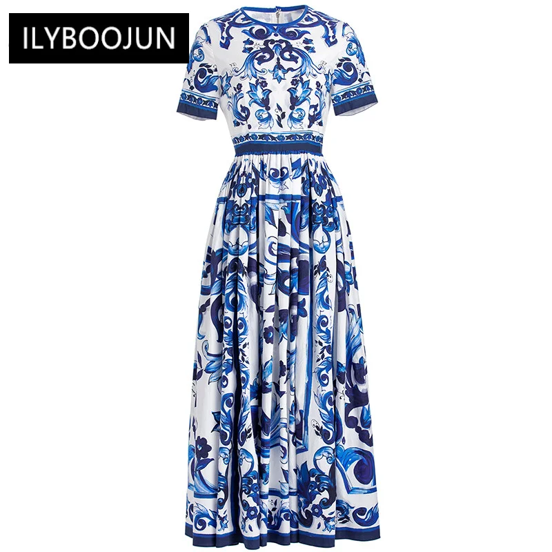 

Fashion Runway Summer Cotton Dress Women's Short sleeve Blue and White Porcelain Print Bohemian Holiday Dresses