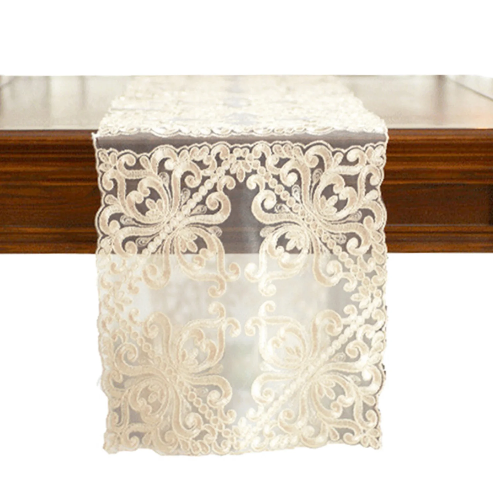 

Easy Clean Rectangle Dining Room Party Home Decor Transparent Polyester Lace Embroidery 180x30cm Wedding Tabletop Table Runner