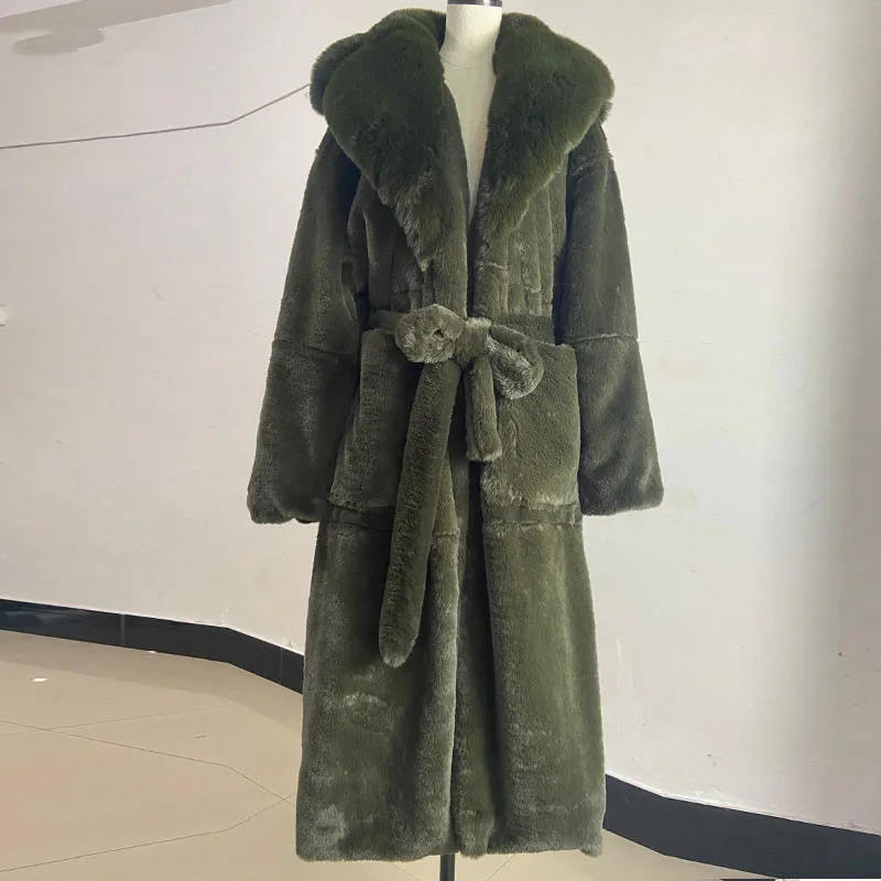 Oversize Faux Fur Coat Winter Women X-Long Fox Fur 2022 New Fashion Lapel Solid Belt Thick Warm Loose Parkas Famale Clothing Top
