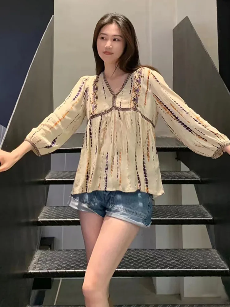Винтажная женская блузка с v-образным вырезом и принтом повседневная свободная