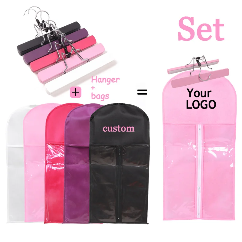 Custom Logo Or Brand Hair Extensions Bag With Wooden Hanger For Wig Storage 5Sets Non-Woven Pink Bags With Zipper For Carry Wigs